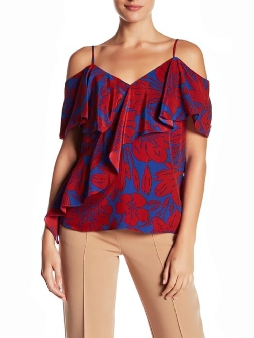 Diane von Furstenberg V-Neck Ruffle Front Blouse in Leclaire Rust Size P